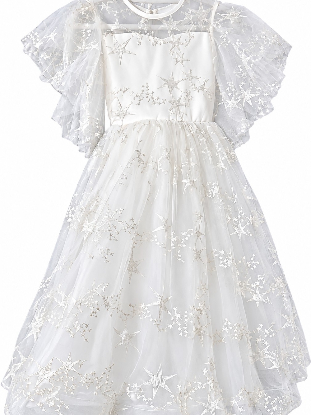 White Star-Embroidered Tulle Elegant Dress